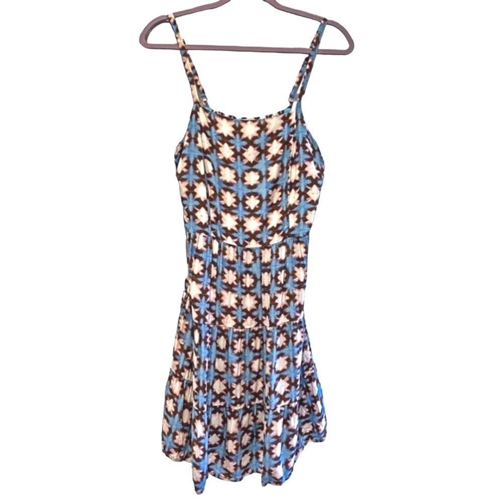 LOFT‎ Tiered Cami Dress Blue Brown Geometric Medallion Smocked Back Womens 6